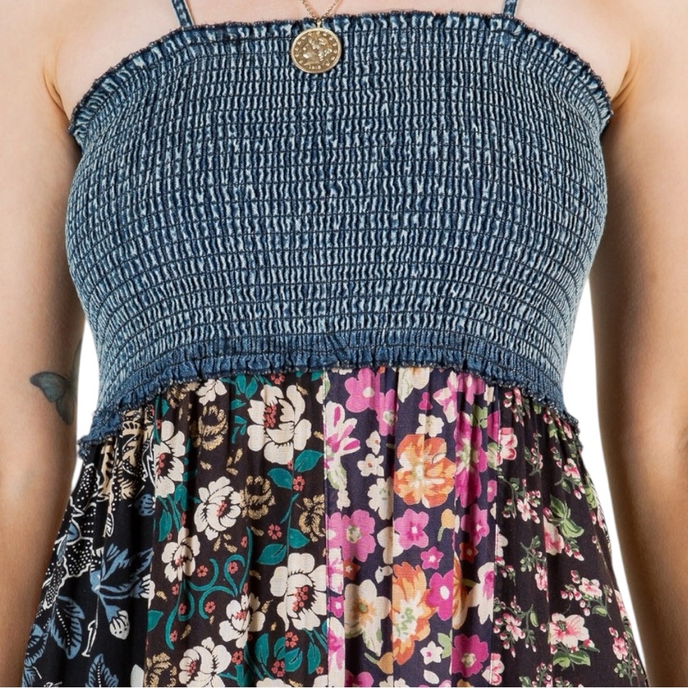Smocked Tiered Floral Midi Dress in Teal and Black - Picture 6 of 12